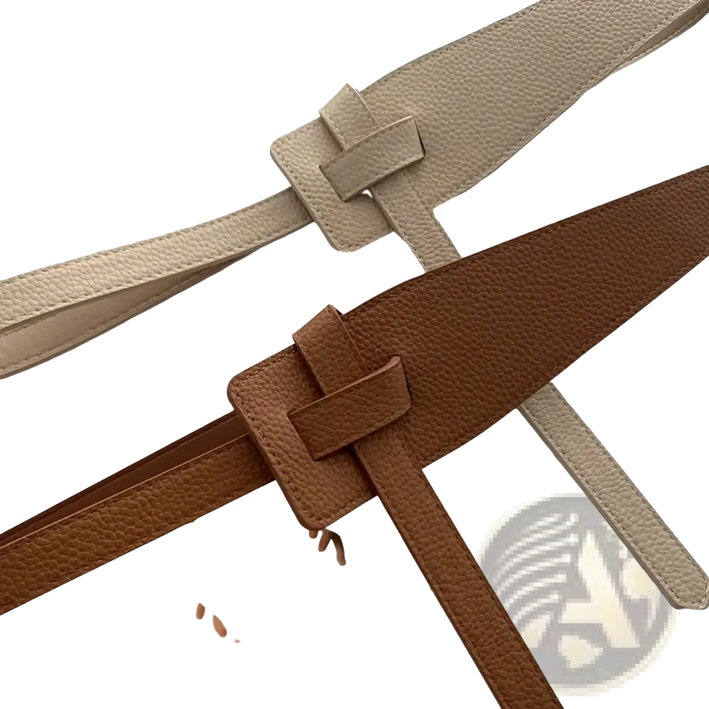 Women wide pu leather knot cummerbund belt in beige and brown with textured leather and minimalist rectangular buckles