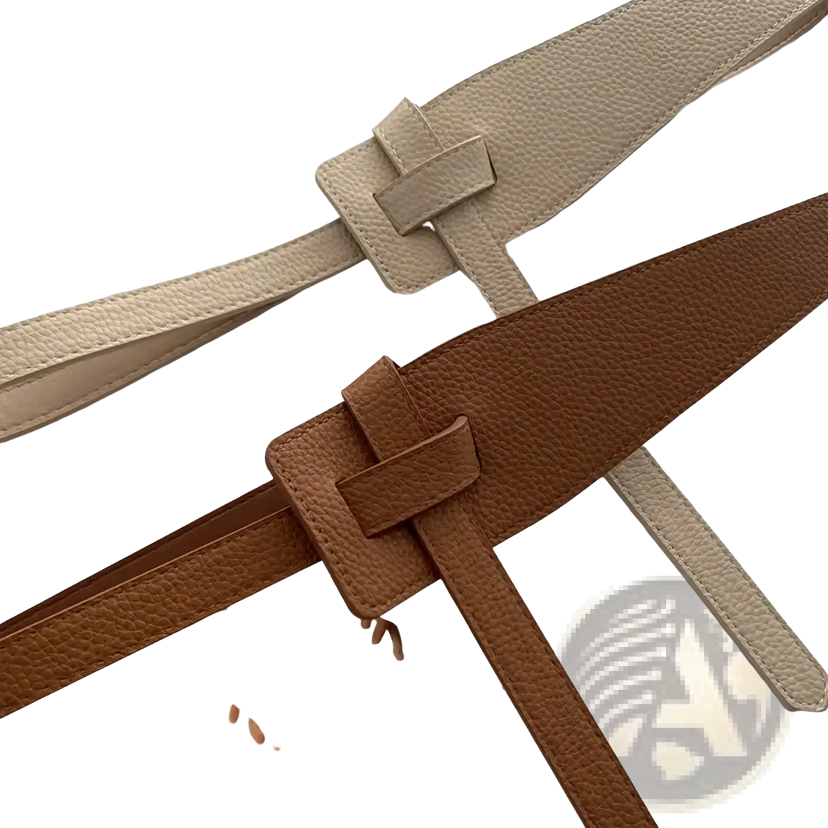 Women wide pu leather knot cummerbund belt in beige and brown with textured leather and minimalist rectangular buckles