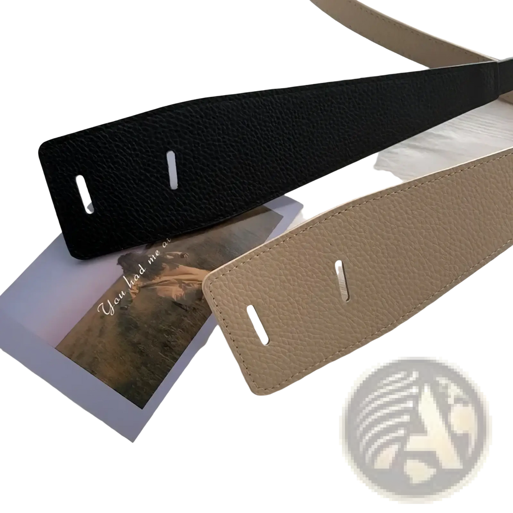 Women wide pu leather knot cummerbund belts in black and beige with textured surface stitched edges and cut-out slots