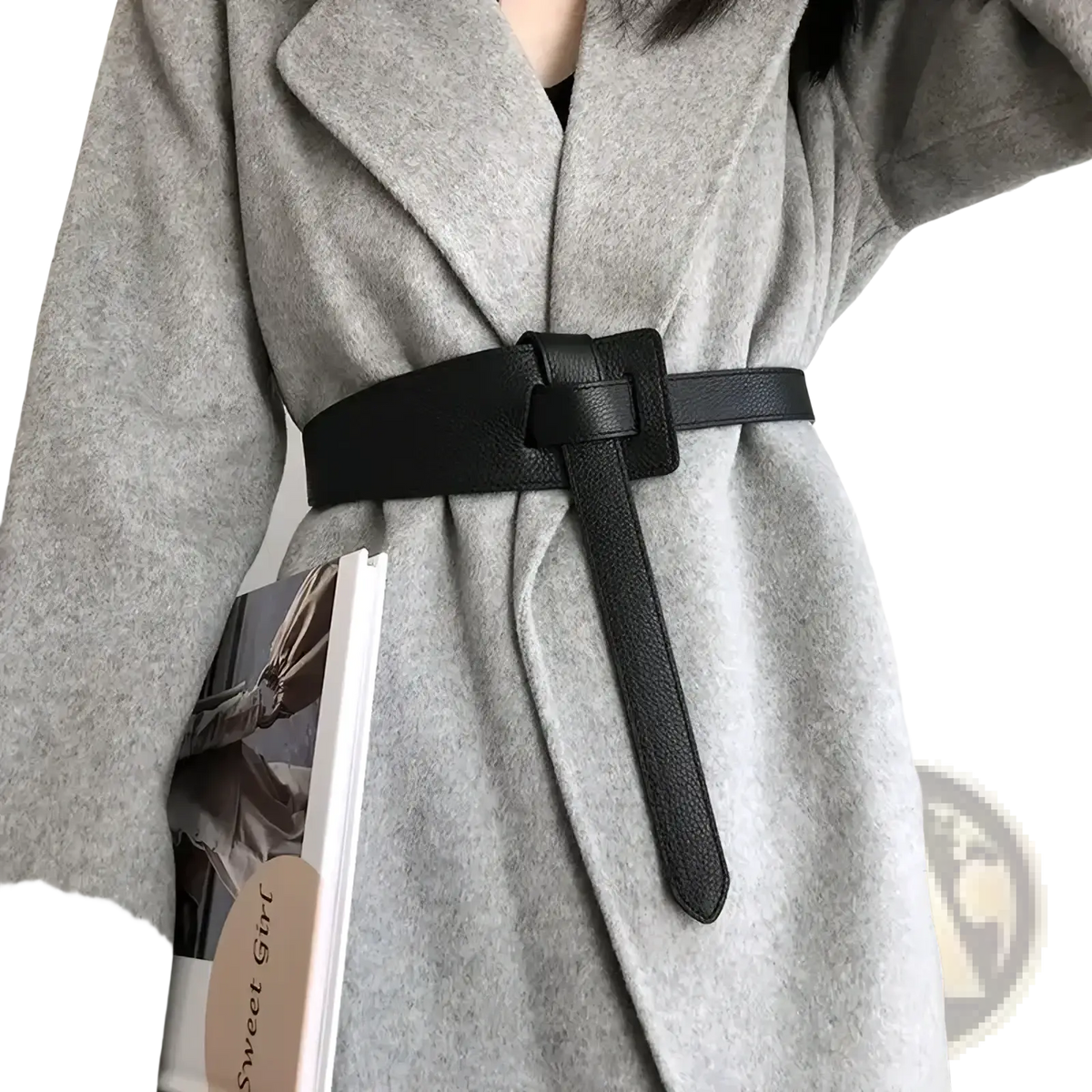 Black leather wide pu leather knot cummerbund belt with rectangular buckle and textured surface for women