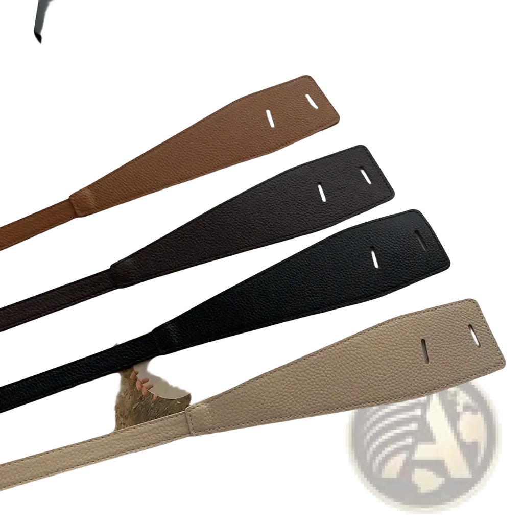 Women wide pu leather knot cummerbund belts in tan dark brown black and beige with textured surface and cut-out slots
