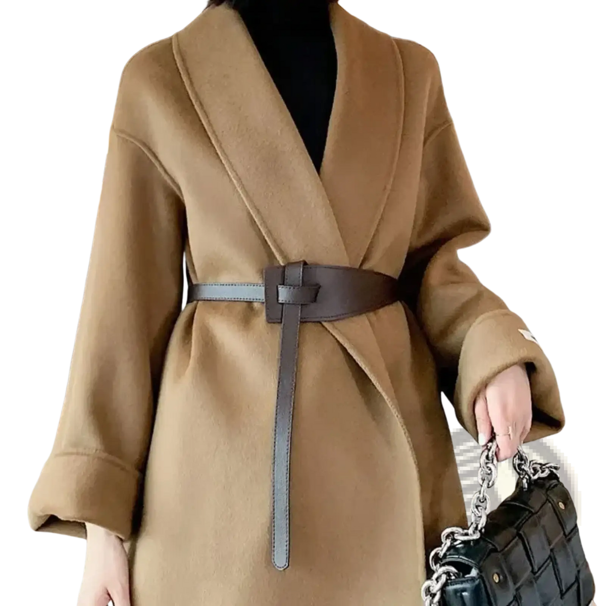 Tan wool coat with matching wide pu leather knot cummerbund belt and black inner lining for women