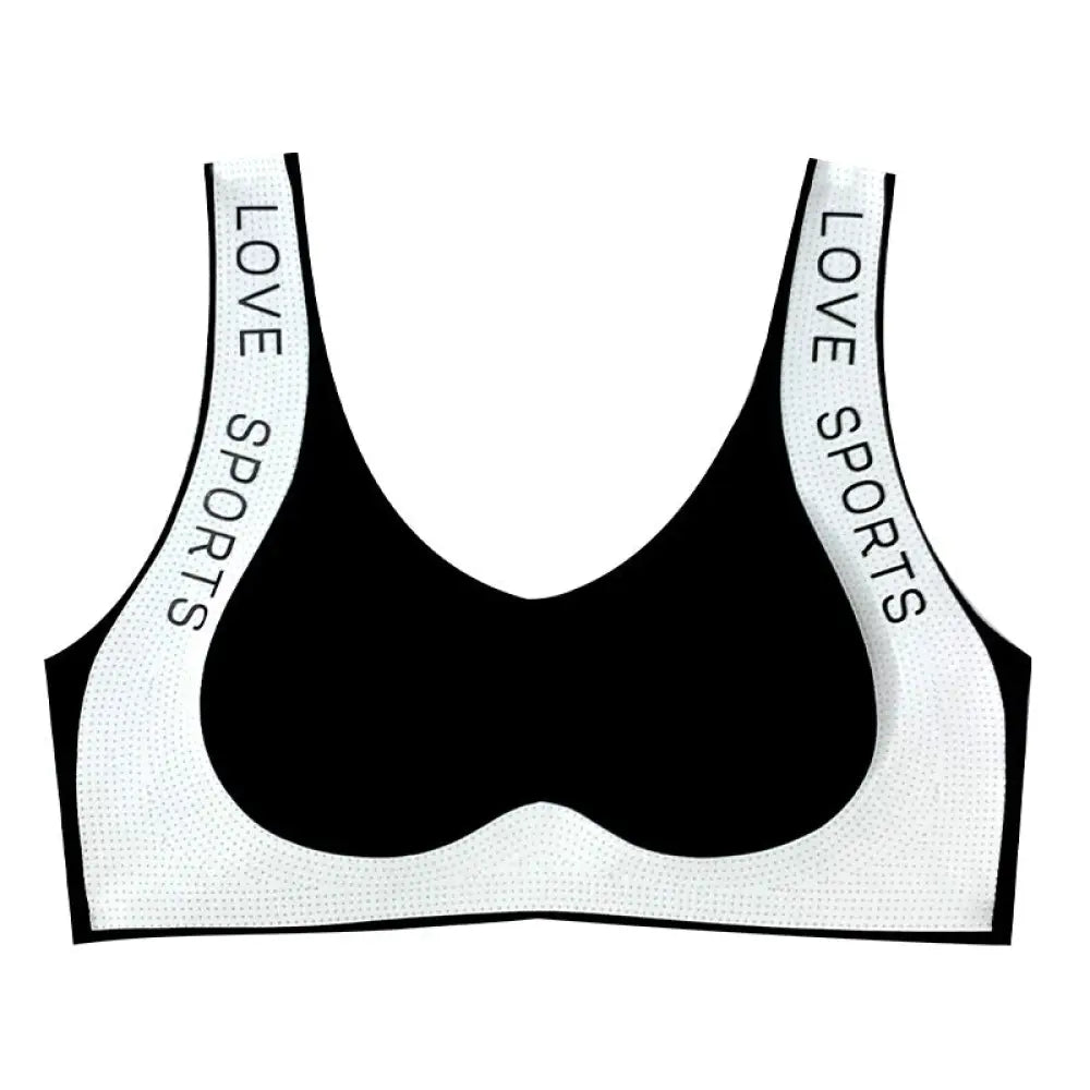 Black and white seamless love sports wide strap push up bra with mesh texture for activewear use