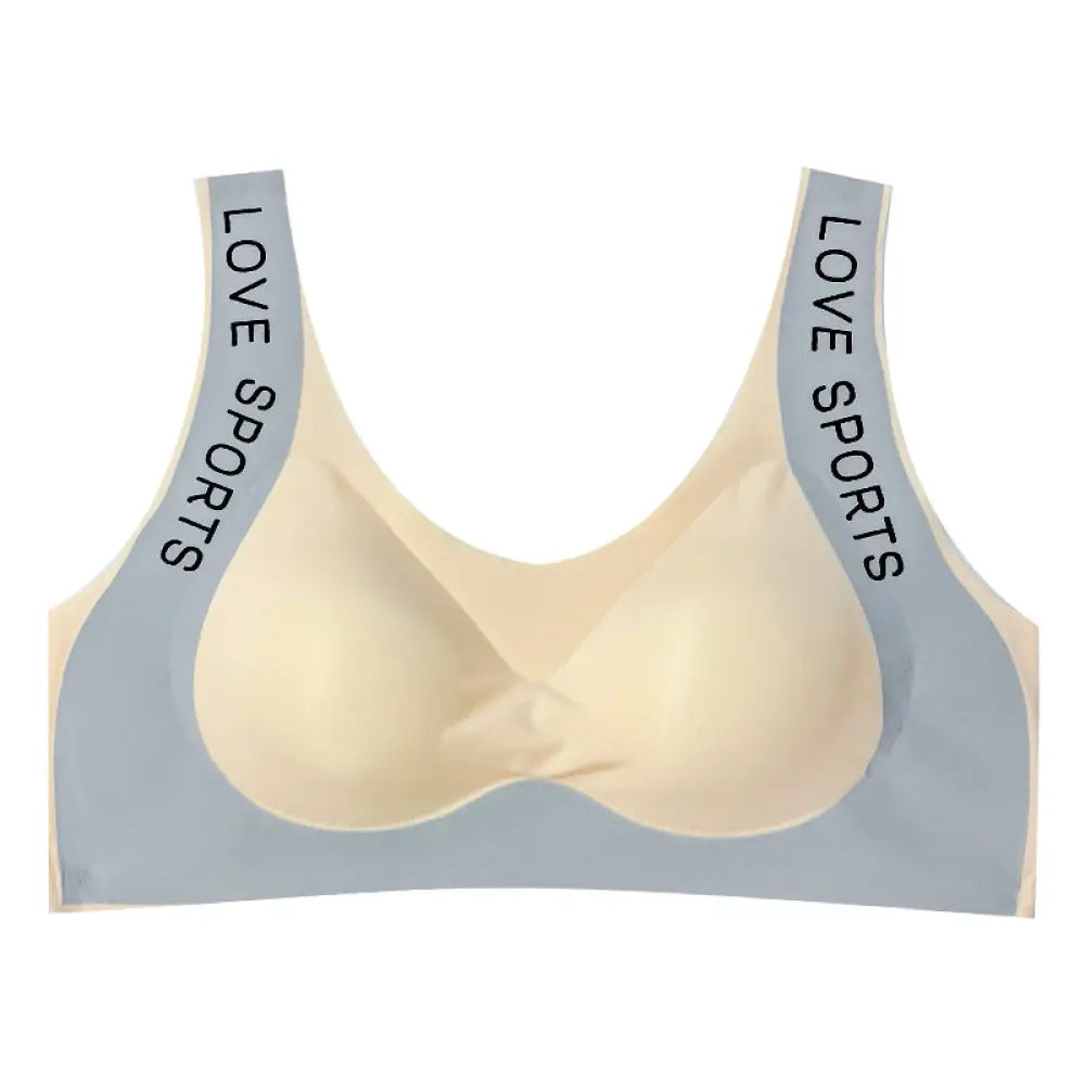 Seamless love sports wide strap push up bra in beige and light blue with love sports text on the straps