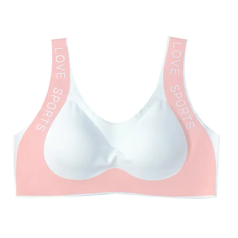 Seamless white and pink push up sports bra with wide straps and silver love sports print for active wear