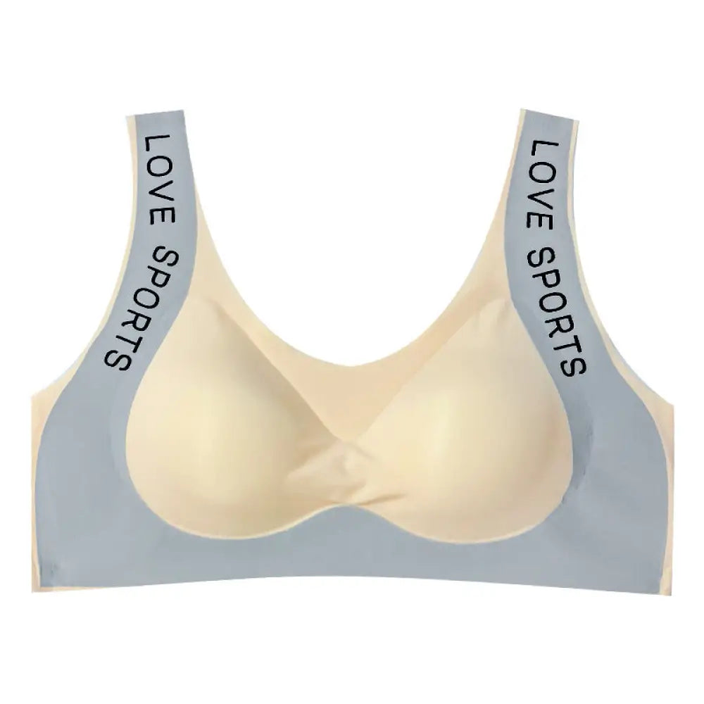 Beige and light blue seamless love sports wide strap push up bra with love sports text on the straps