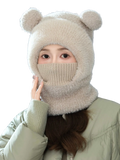 Beige fuzzy bear-themed winter hat and scarf set made of soft plush material ideal for cycling face mask use