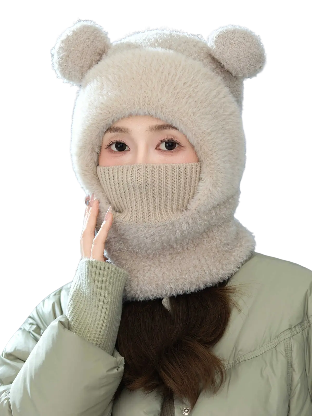 Beige fuzzy bear-themed winter hat and scarf set made of soft plush material ideal for cycling face mask use