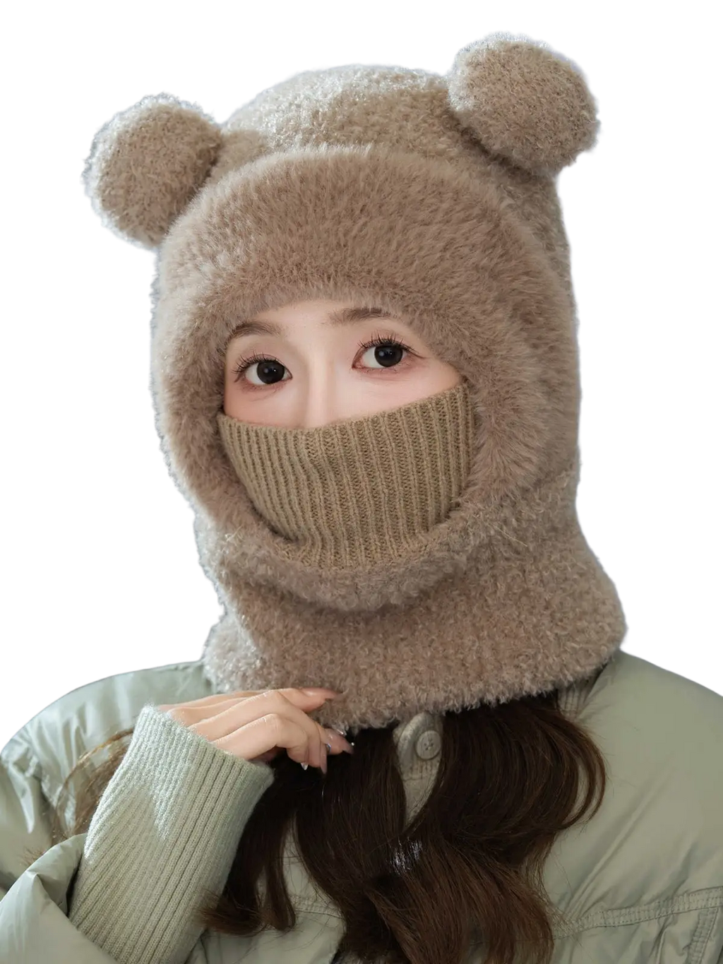 Women winter bear ear cycling face mask beige fuzzy with ribbed knit chin guard for cold weather protection