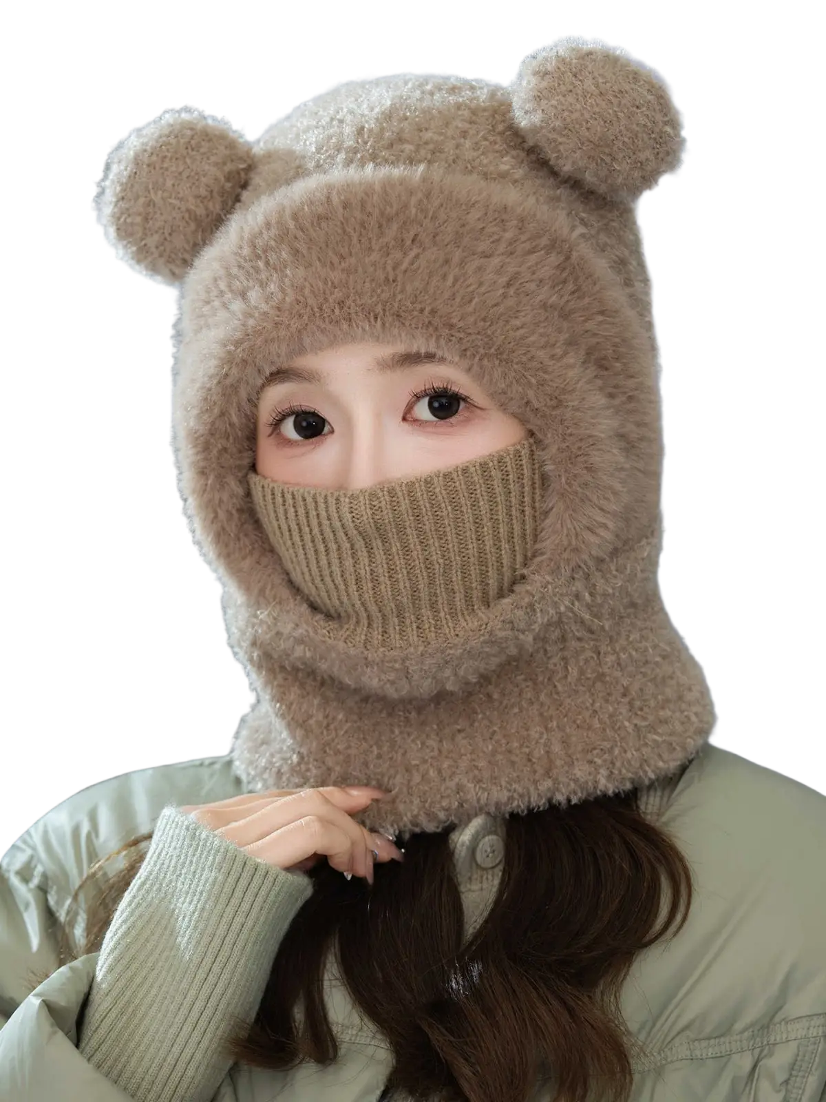 Women winter bear ear cycling face mask beige fuzzy with ribbed knit chin guard for cold weather protection