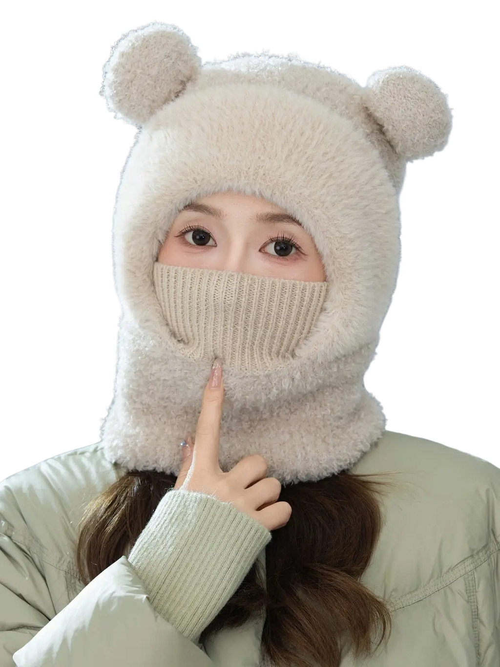 Cream-colored plush women winter bear ear cycling hat with knit face mask and scarf set for cold weather use