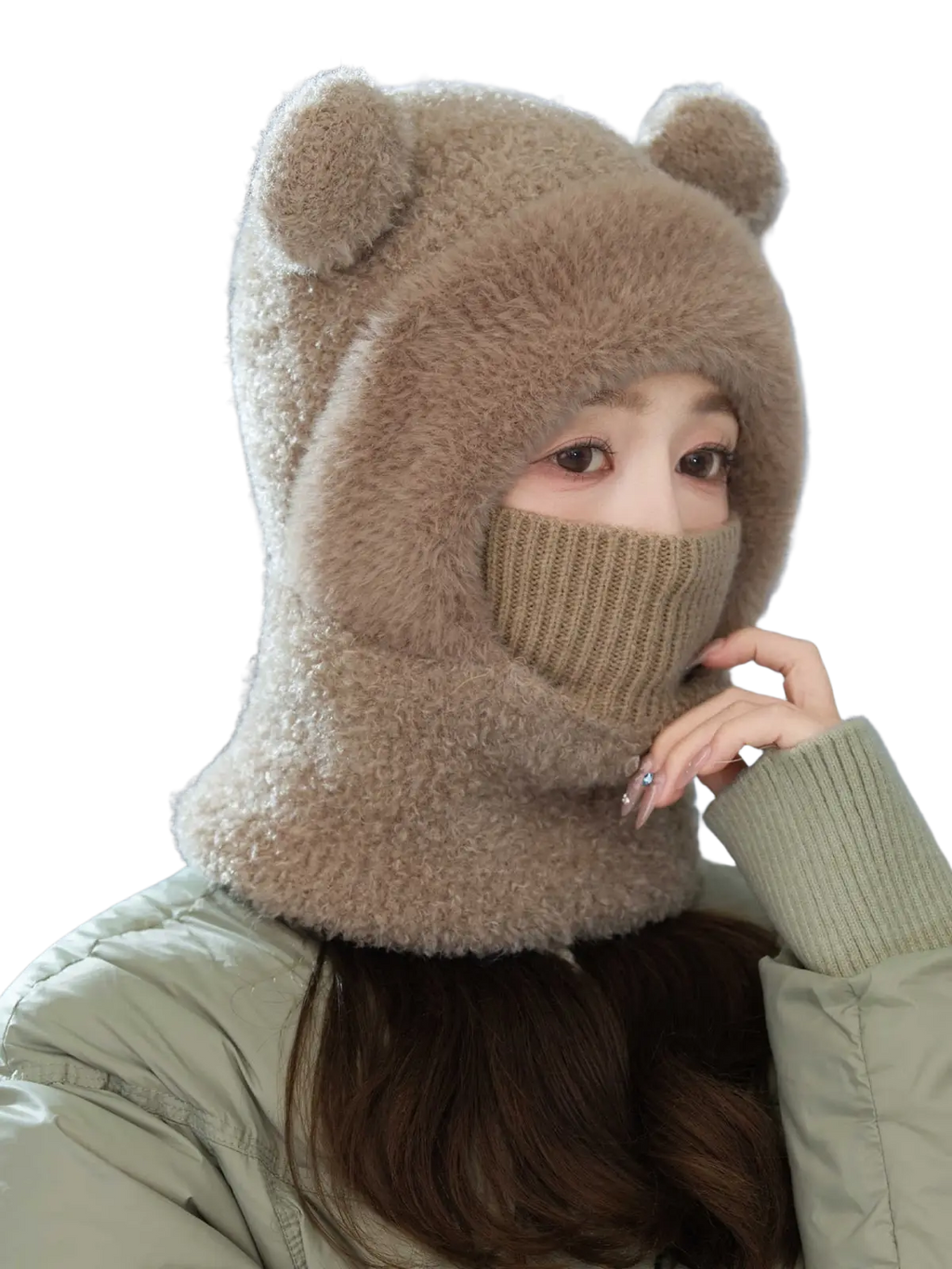 Women winter bear ear fuzzy beige hat with ribbed knit face mask designed for cycling and cold weather use