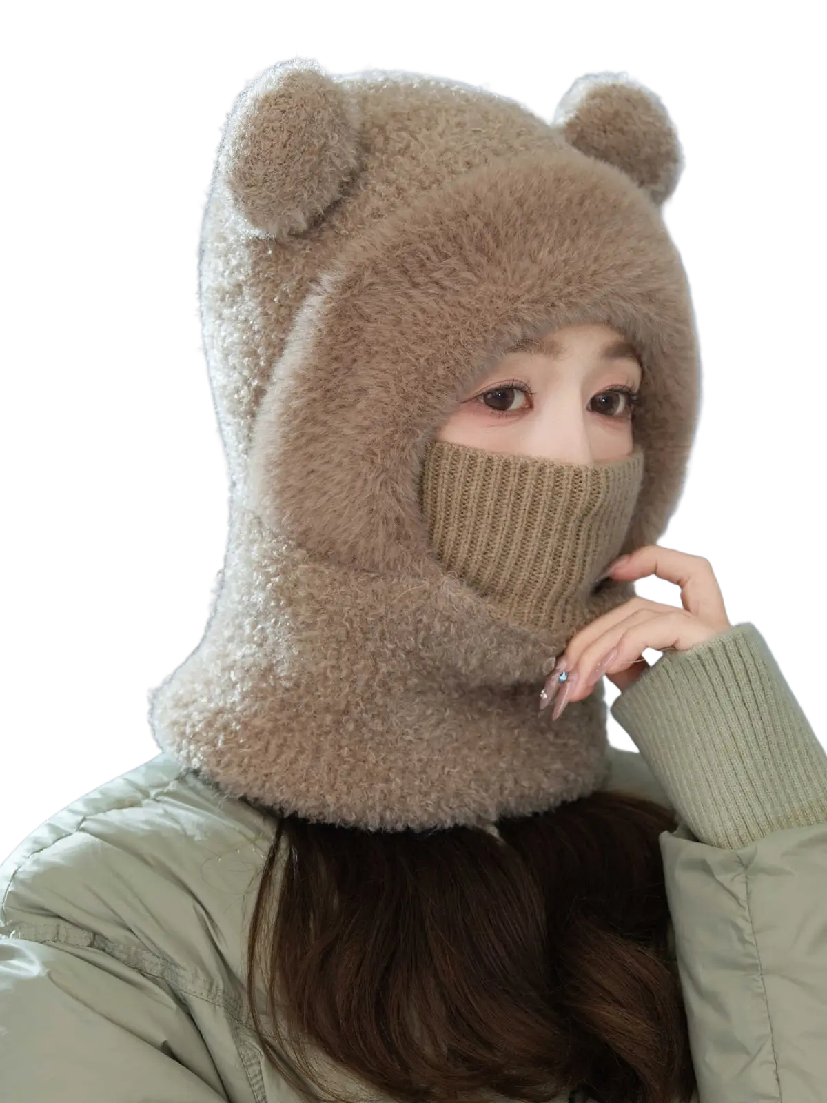 Women winter bear ear fuzzy beige hat with ribbed knit face mask designed for cycling and cold weather use
