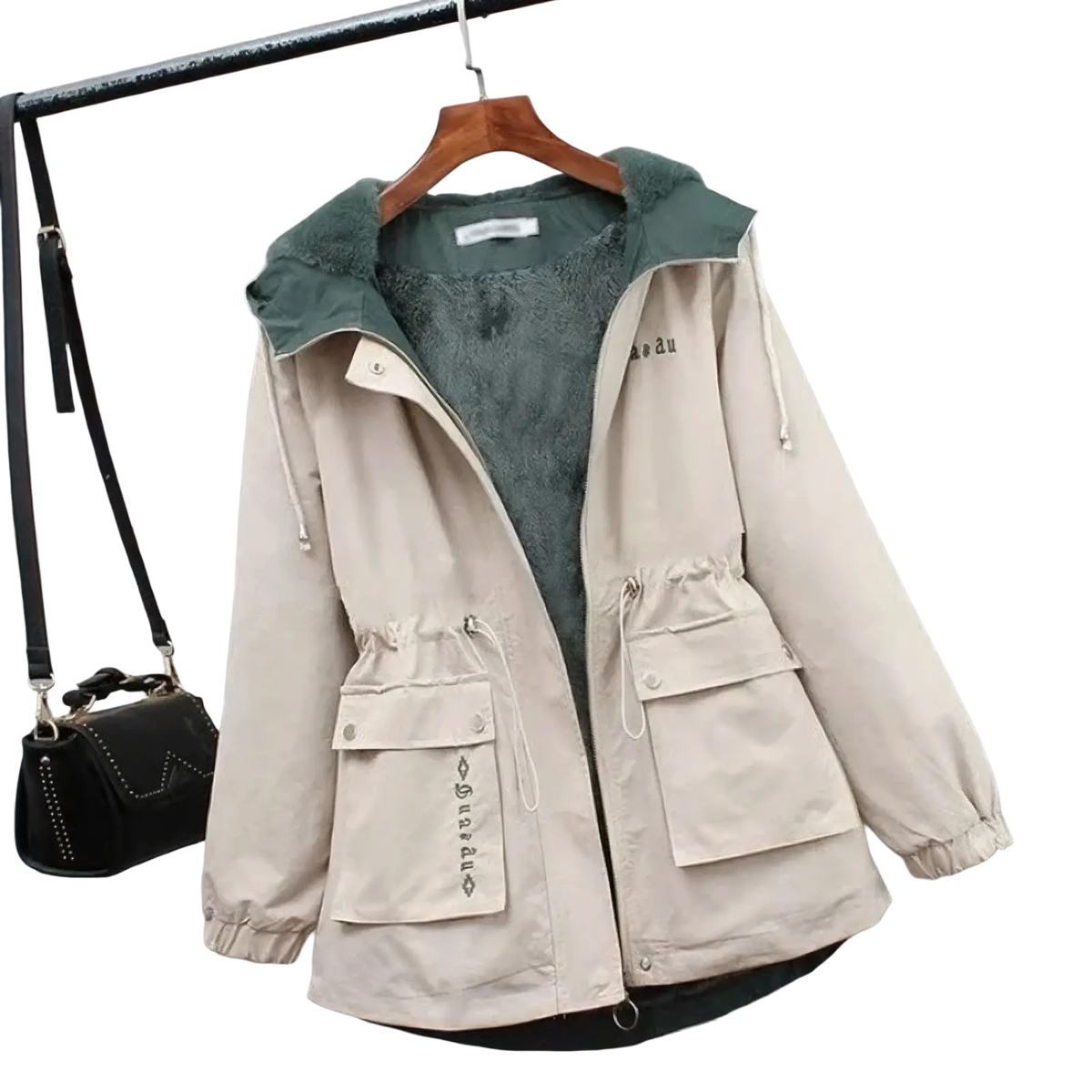 Beige women winter fleece lined hooded parka jacket with plush green interior and drawstring pockets