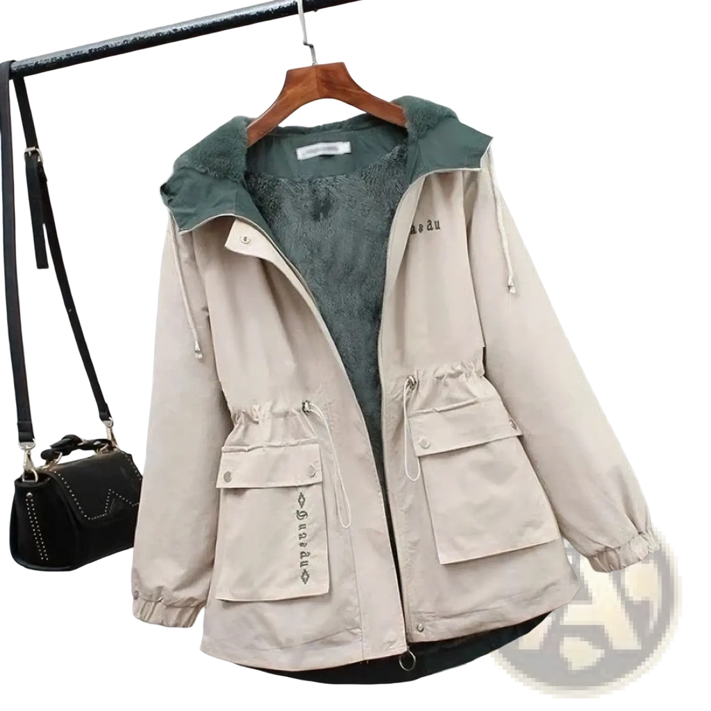 Beige women winter fleece lined hooded parka jacket with plush green interior and drawstring pockets