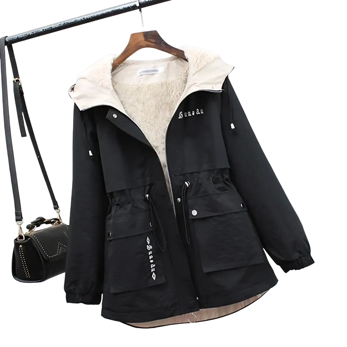 Women winter fleece lined hooded parka jacket in black with cream fleece interior and embroidered suaan branding on chest and pocket
