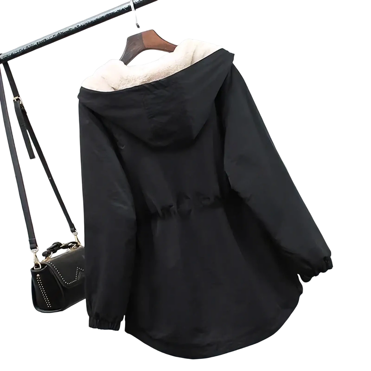 Women winter fleece lined hooded parka jacket in black with plush white fleece lining and elastic cuffs
