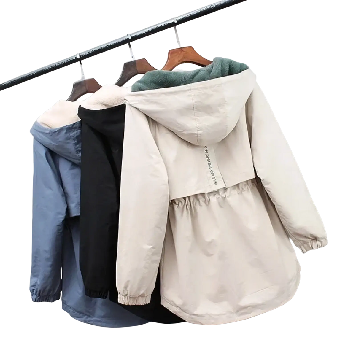 Women winter fleece lined hooded parka jacket cream color with plush green interior and elastic drawstring waist