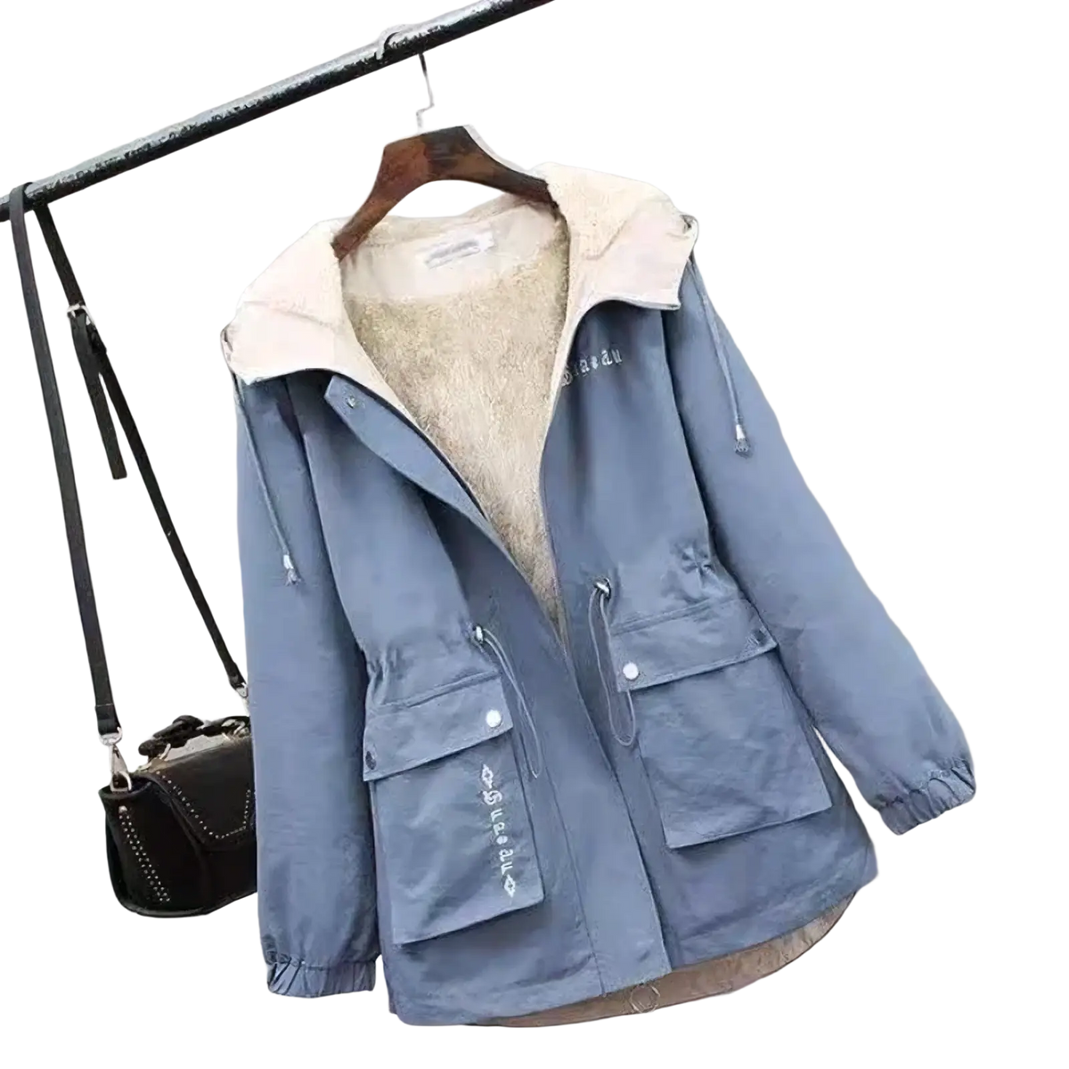 Women winter fleece lined hooded parka jacket in light blue with plush cream fleece lining and silver-toned button pockets