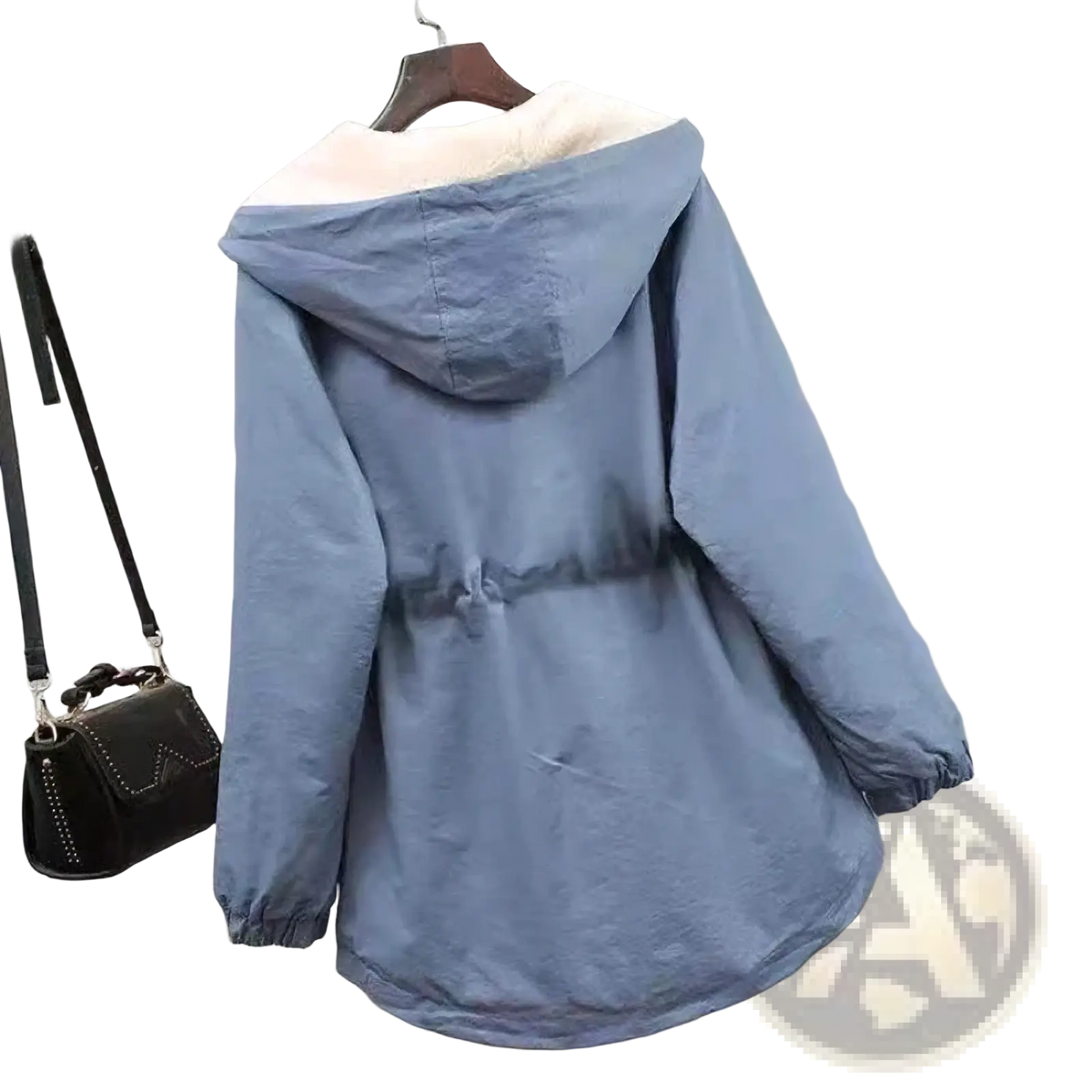 Women winter fleece lined hooded parka jacket in light blue with plush white interior lining and elastic cuffs