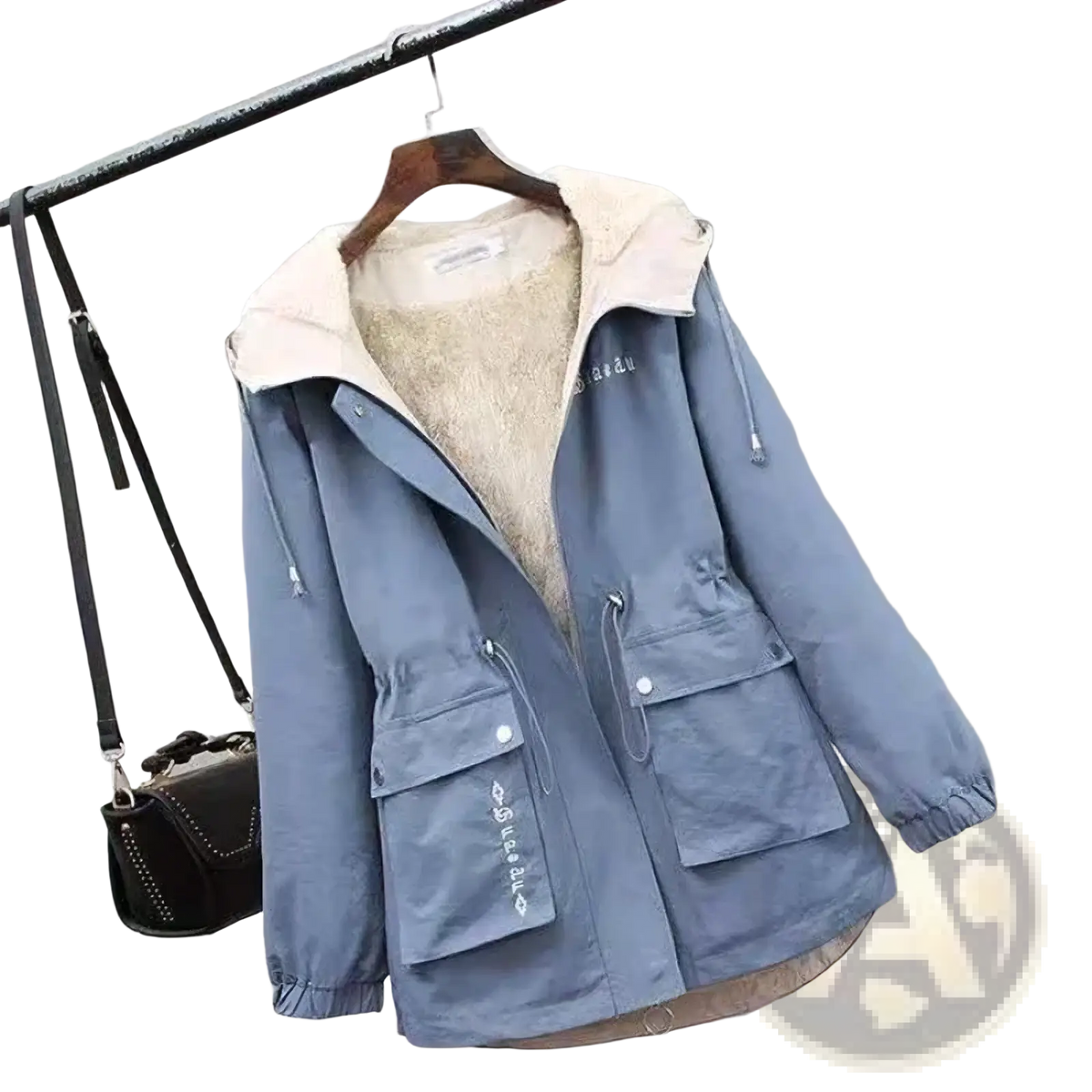 Light blue women winter fleece lined hooded parka jacket with plush cream fleece lining and silver button pockets