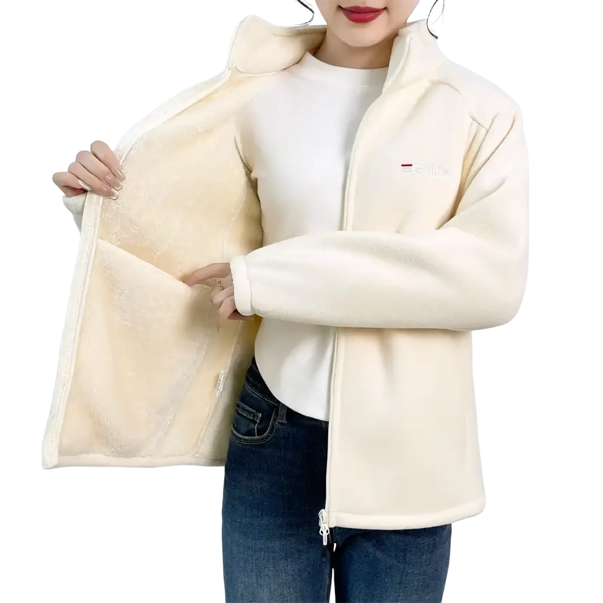 Women winter fleece thermal hiking jacket in cream color with plush soft interior lining and small embroidered chest logo