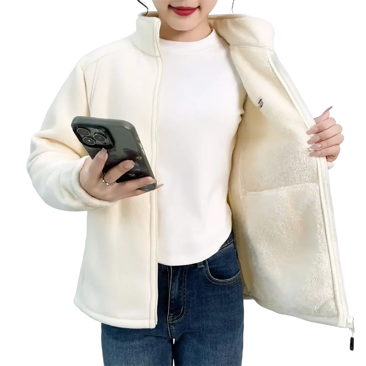 Women winter fleece thermal hiking jacket in cream color with plush soft texture and cozy interior lining