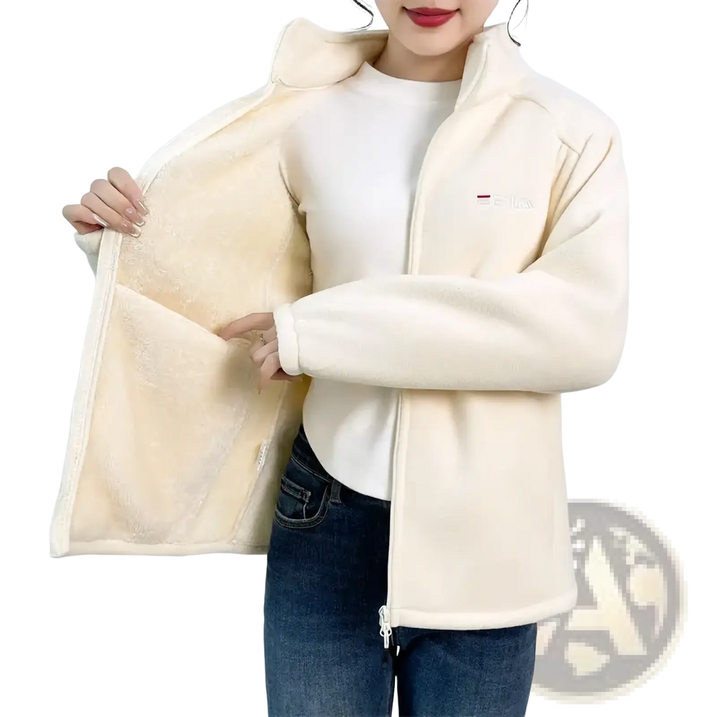 Women winter fleece thermal hiking jacket in cream color with plush soft interior lining and small embroidered chest logo