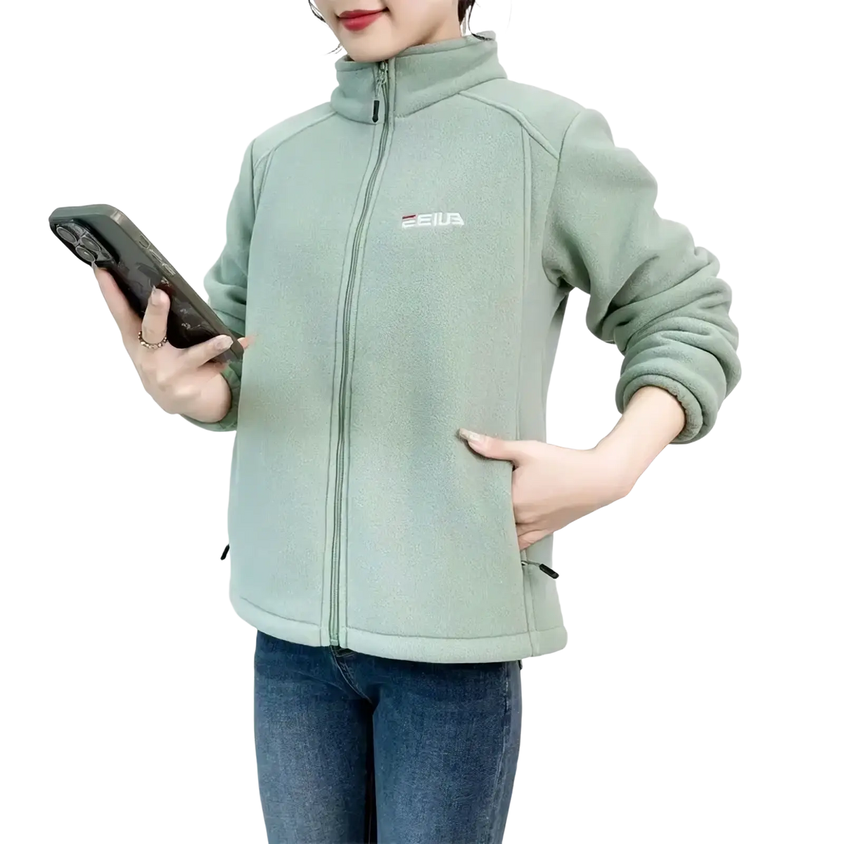 Women winter fleece thermal hiking jacket in light green with high collar front zipper and embroidered logo on left chest