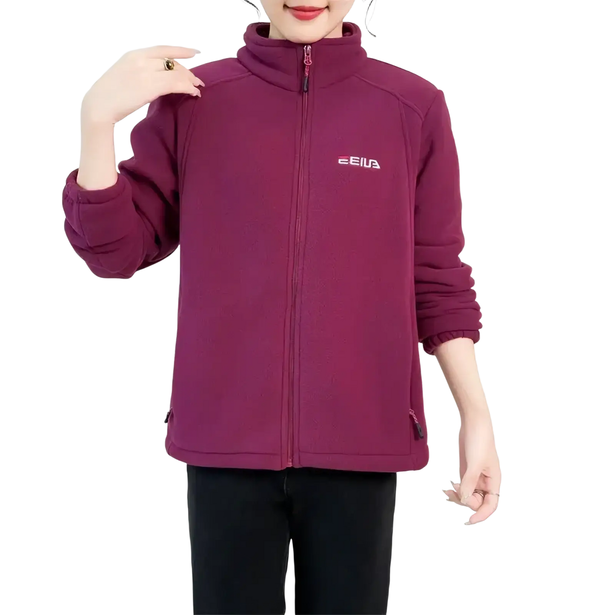 A maroon women winter fleece thermal hiking jacket with high collar front zipper and zelie logo on the left chest