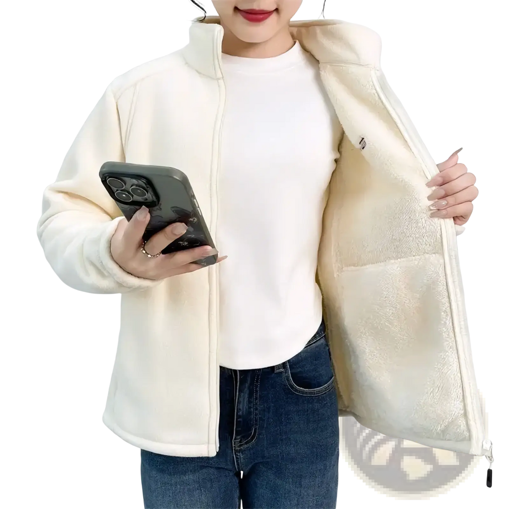 Women winter fleece thermal hiking jacket in cream color with plush soft texture and cozy interior lining
