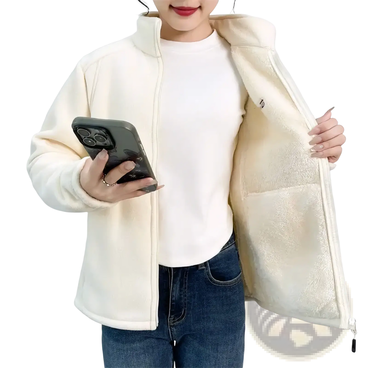 Women winter fleece thermal hiking jacket in cream color with plush soft texture and cozy interior lining