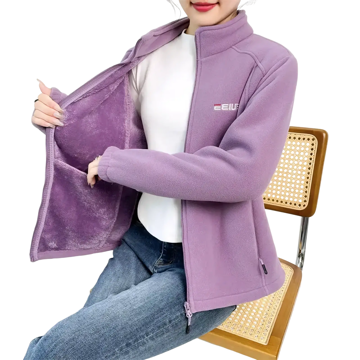 Purple women winter fleece thermal hiking jacket with soft plush interior and subtle brand embroidery on the chest