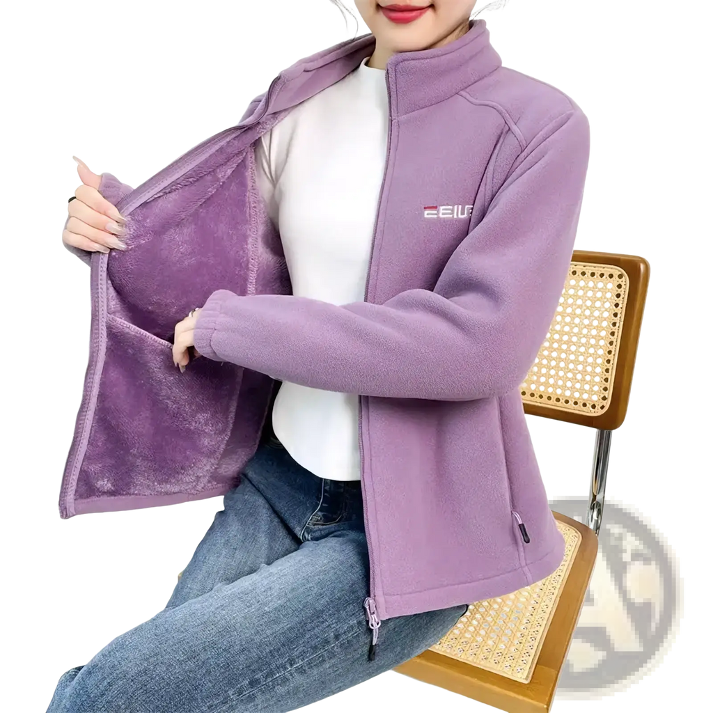 Purple women winter fleece thermal hiking jacket with soft plush interior and subtle brand embroidery on the chest