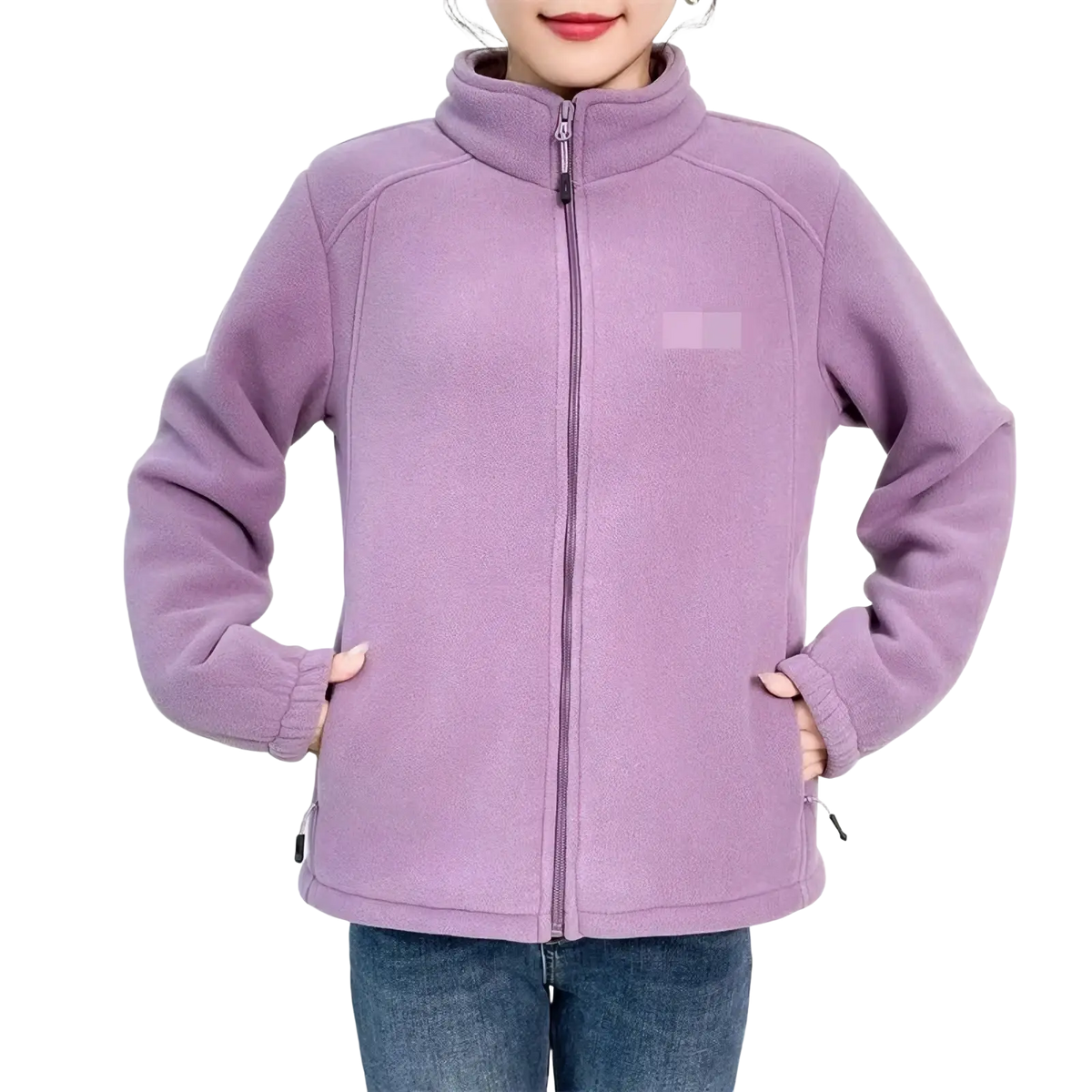 Women winter fleece thermal hiking jacket in soft lavender with high collar full-length zipper made of fleece material