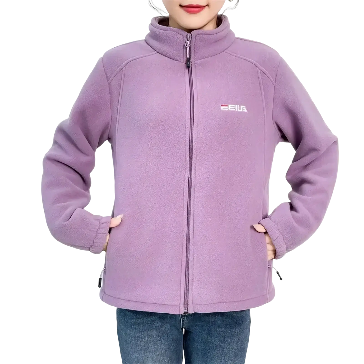 A soft lavender fleece thermal hiking jacket for women with a high collar zipper and zewa logo on the left chest