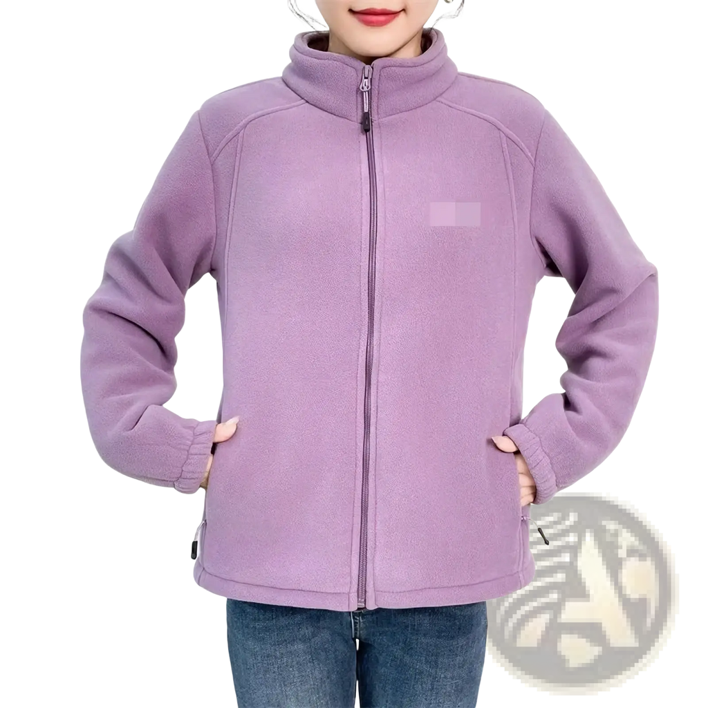 Women winter fleece thermal hiking jacket in soft lavender with high collar full-length zipper made of fleece material