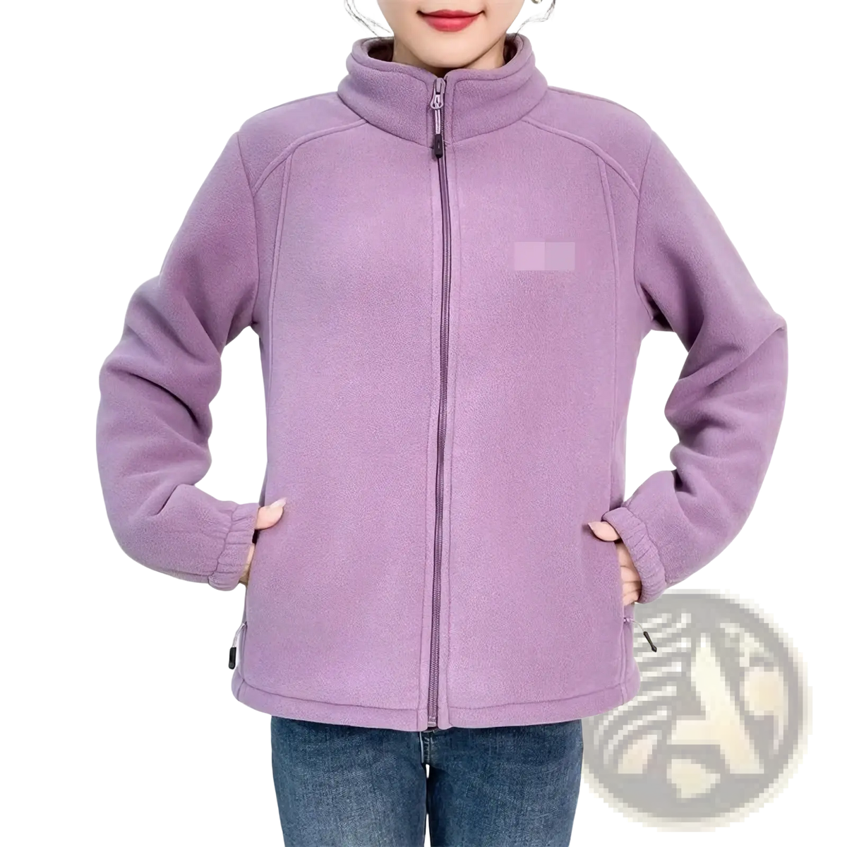 Women winter fleece thermal hiking jacket in soft lavender with high collar full-length zipper made of fleece material