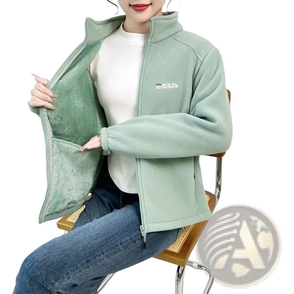 Women winter fleece thermal hiking jacket in soft mint green with plush interior and zelia logo embroidered on chest