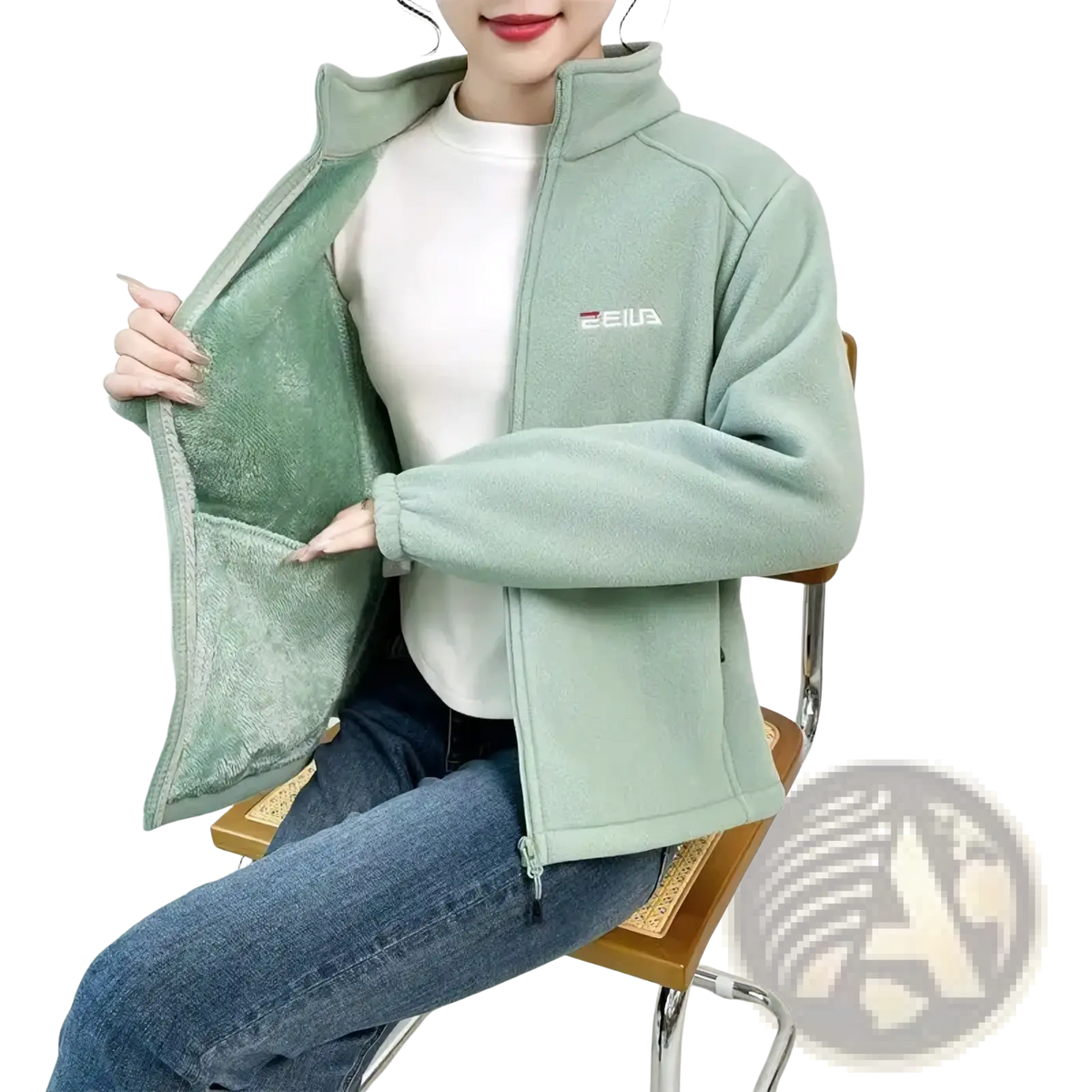 Women winter fleece thermal hiking jacket in soft mint green with plush interior and zelia logo embroidered on chest