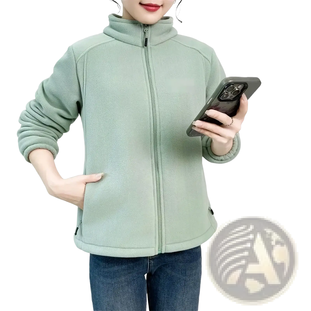 Women winter fleece thermal hiking jacket in soft mint green with full-length zipper and ribbed cuffs