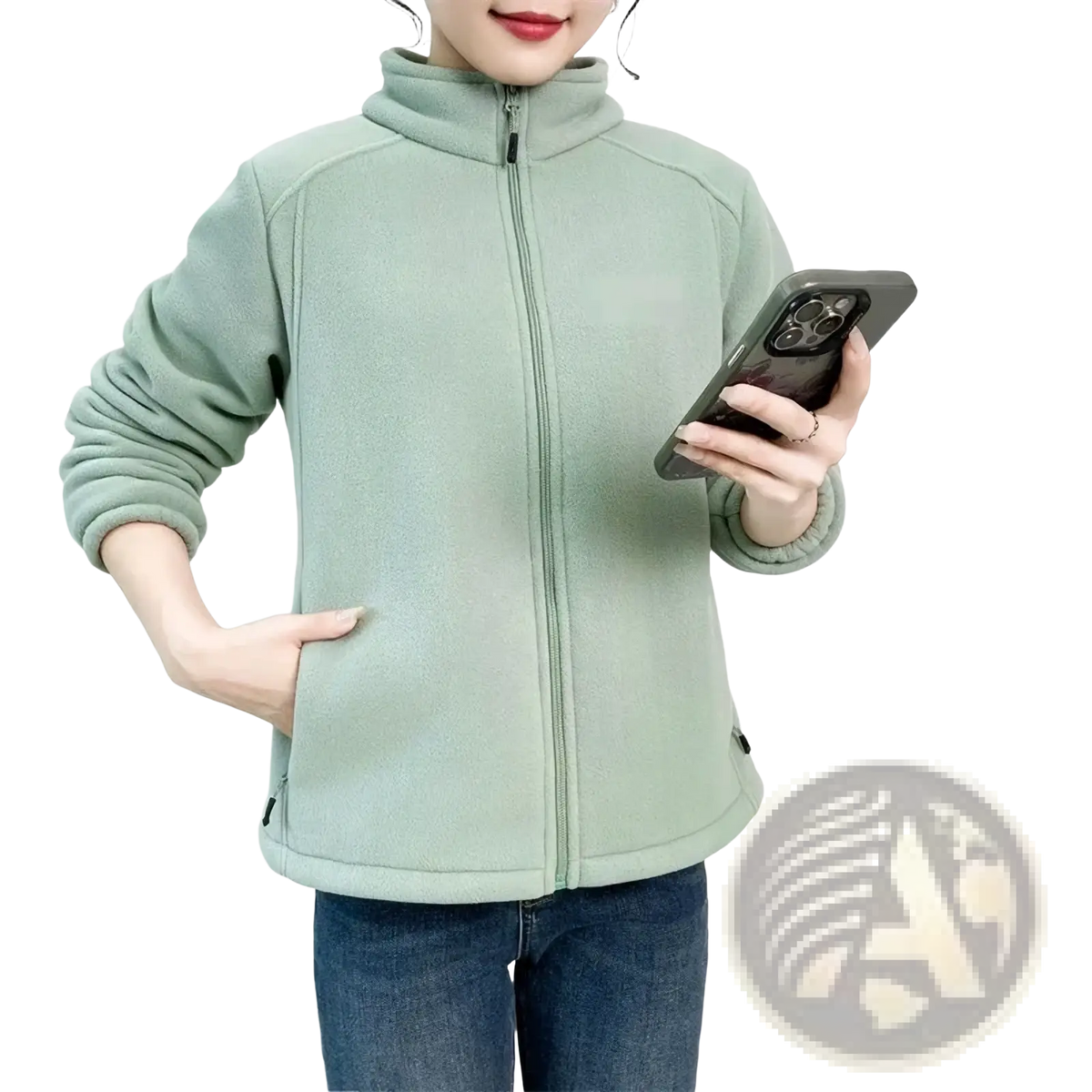 Women winter fleece thermal hiking jacket in soft mint green with full-length zipper and ribbed cuffs