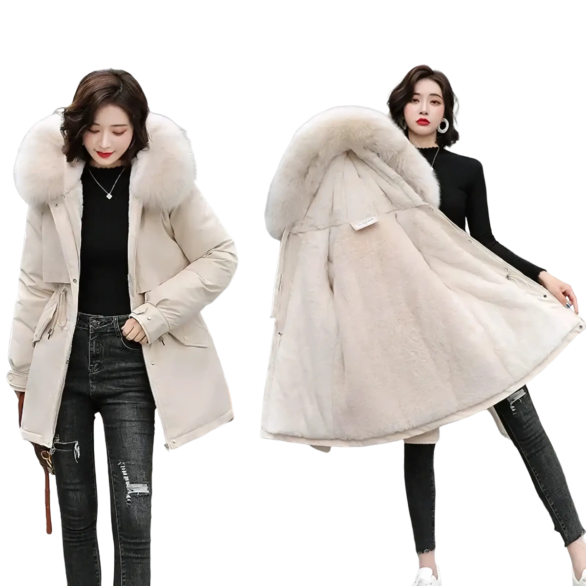 Beige women winter parka coat with plush light-colored fur-lined hood and puffer insulation for cold weather