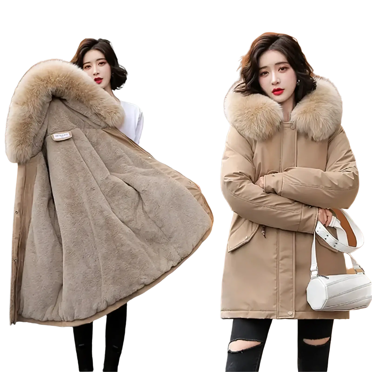 Women winter fur hood parka coat in beige quilted puffer style with plush light brown fur-lined hood