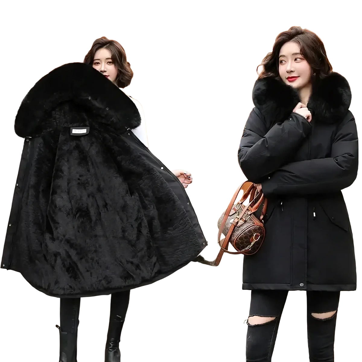 Black women winter parka coat with quilted exterior and plush fur-lined hood for cold weather protection