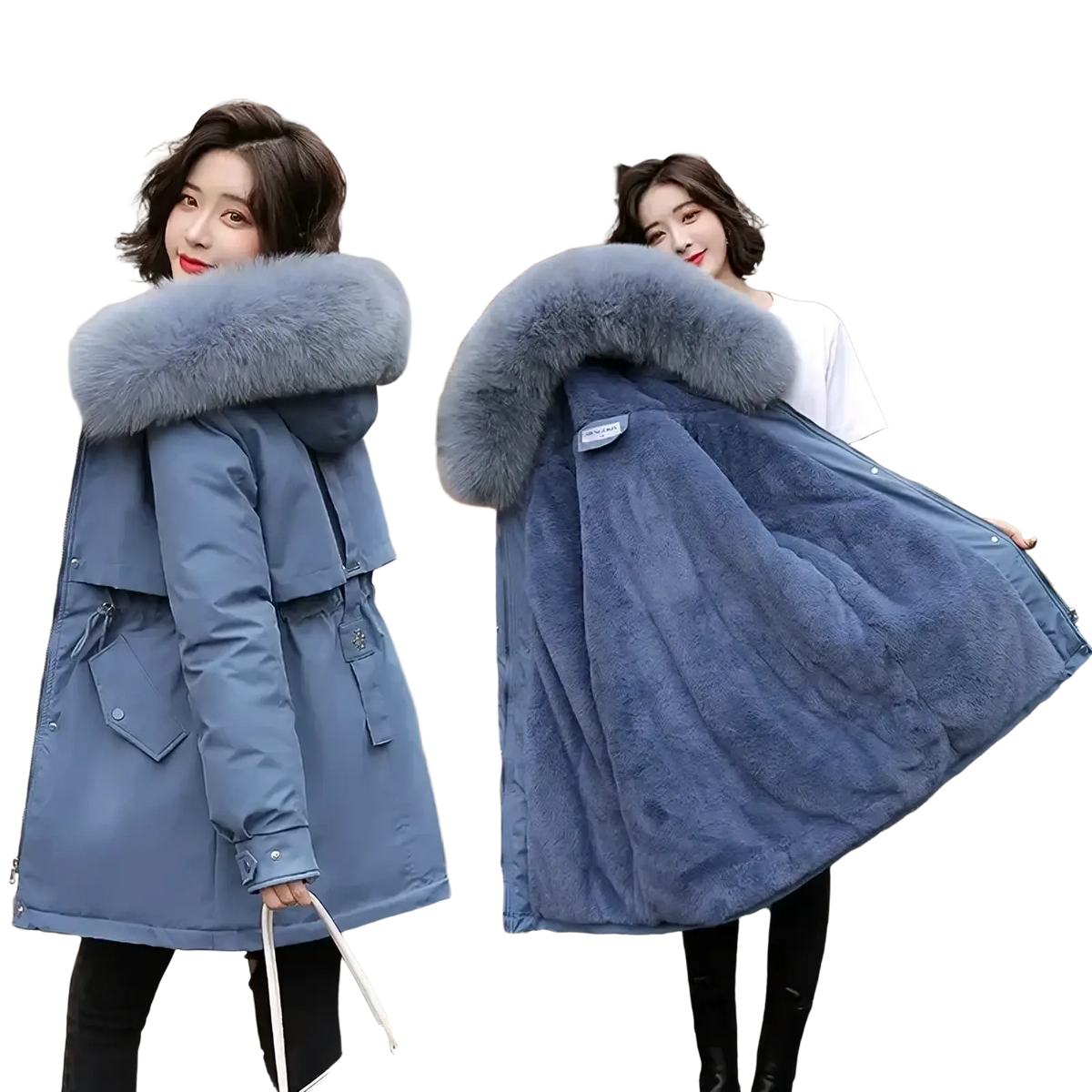 Women winter fur hood parka coat in blue with plush gray fur-lined hood and quilted interior lining for warmth