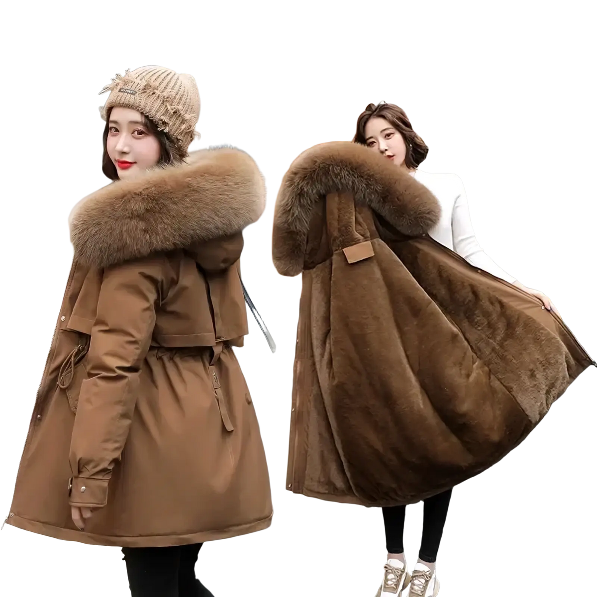 Women winter fur hood parka coat in brown with plush fur-lined hood and soft fleece-like interior for cold weather