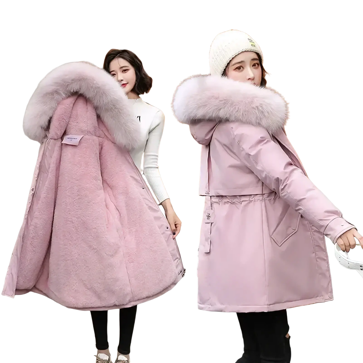 Women winter fur hood parka coat in pink with quilted exterior and plush light-colored fur-lined hood