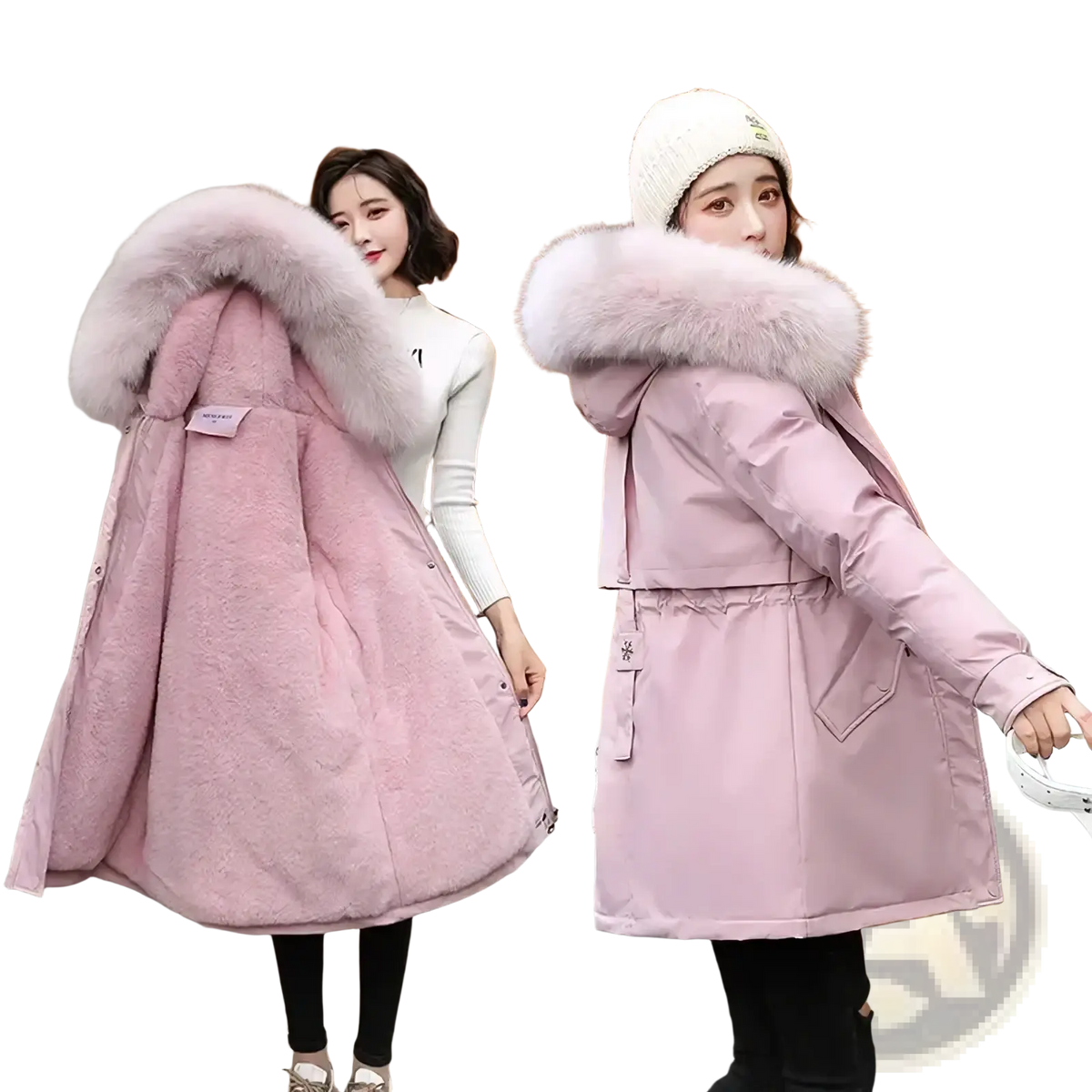Women winter fur hood parka coat in pink with quilted exterior and plush light-colored fur-lined hood