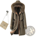 Olive green women winter padded coat with plush brown fur-lined hood and tan trim accents for cold weather